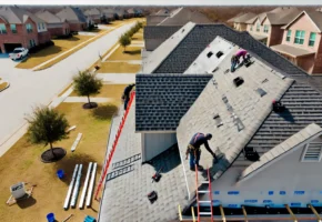 DALL·E 2024-11-05 18.53.51 - A detailed image showing the roofing process on a residential house. Workers are installing new shingles on a pitched roof, using ladders and safety h